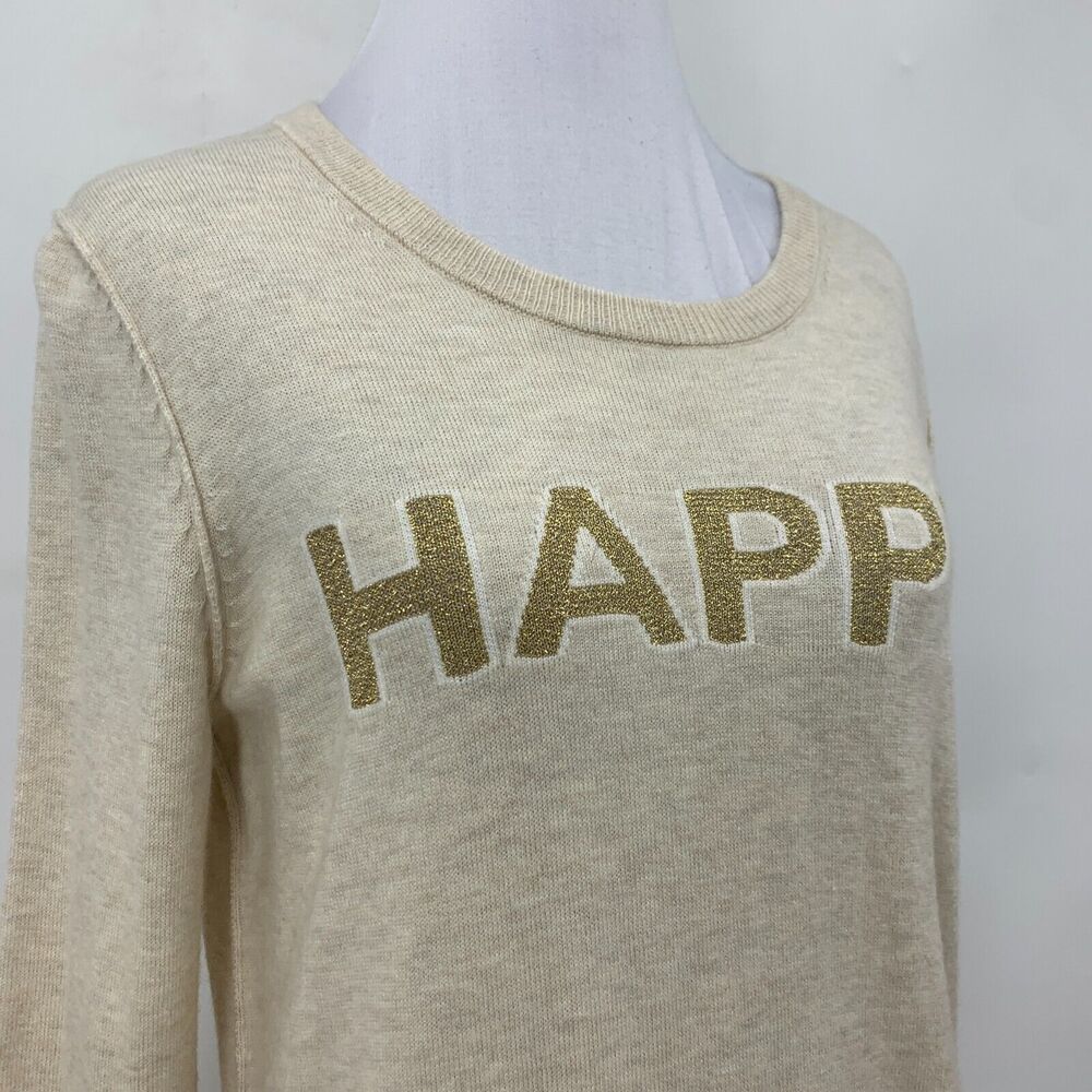 Gap Intarsia Happy Sweater Womens S Small Oatmeal Merino Wool Blend Pullover - Picture 3 of 15